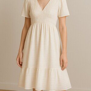 Smocked Off White Short Sleeve‎ Midi Summer Dress Size Medium